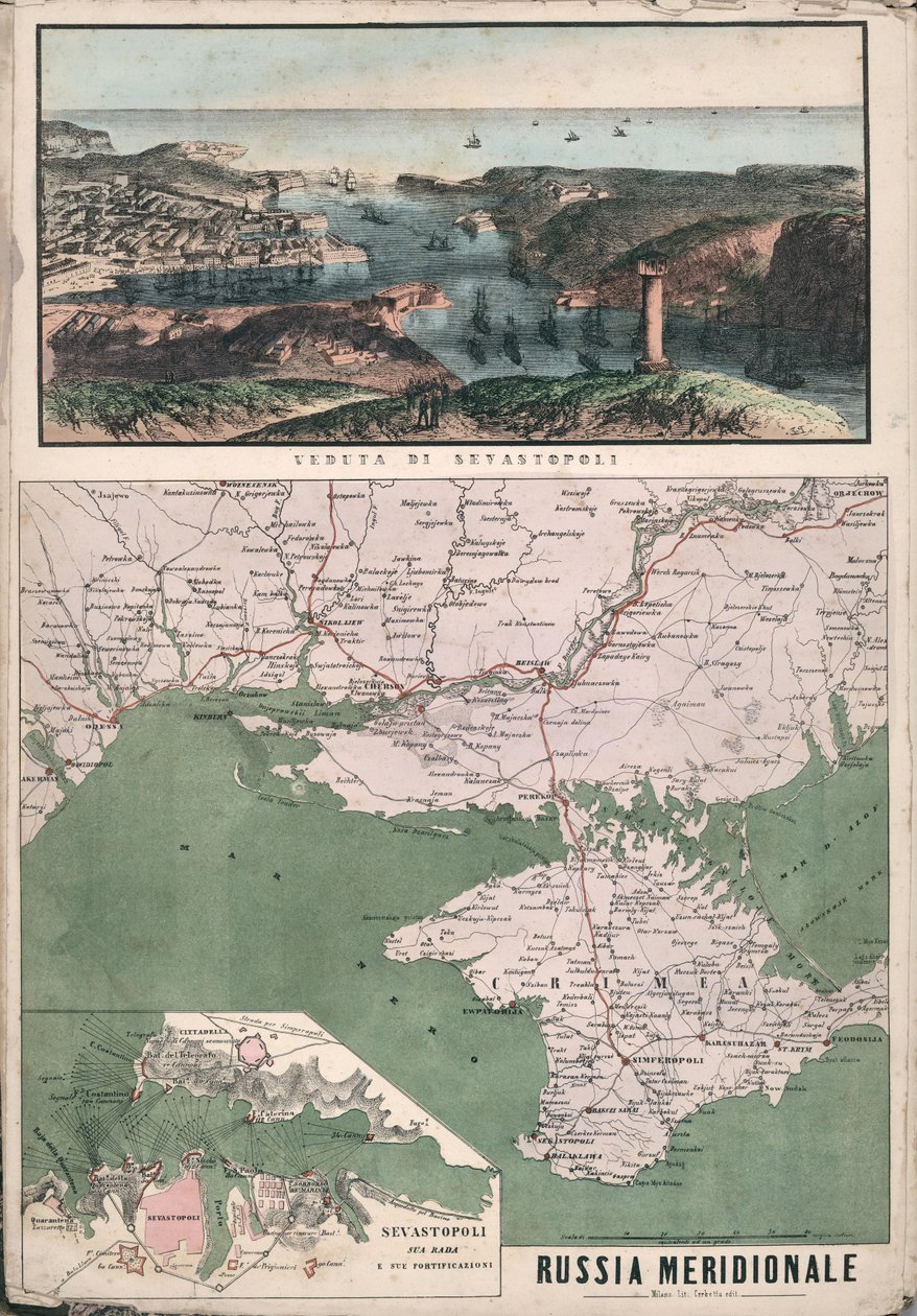 Mapa do sul da Rússia com vista da Baía de Sevastopol e suas fortificações, 1853. de Giuseppe Civelli