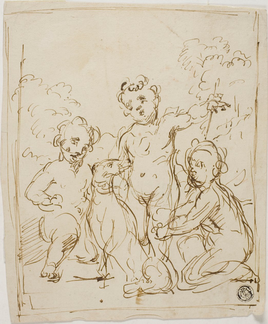 Três Putti e um cão numa paisagem de Giuseppe Diamantini