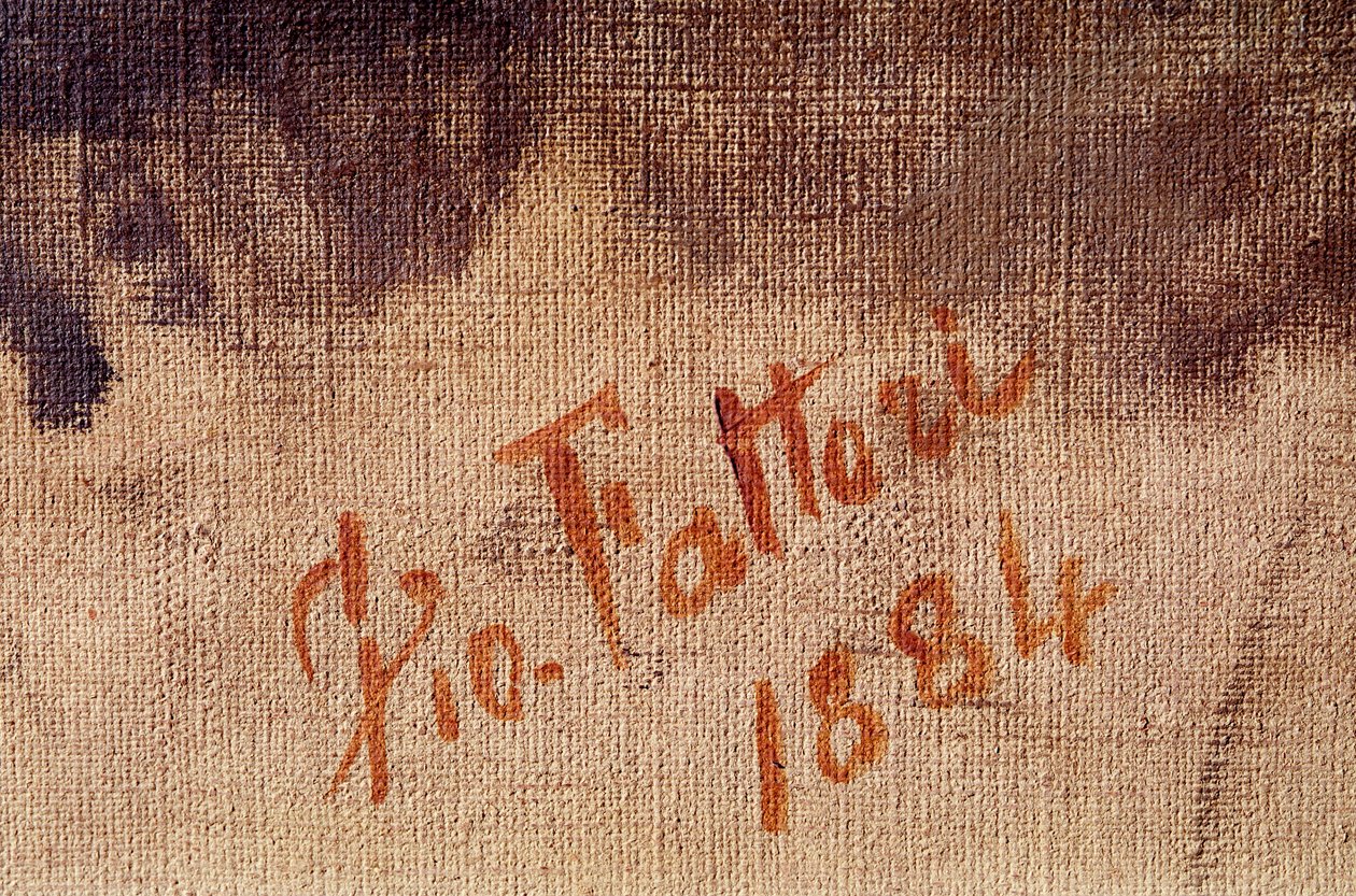 Auto-retrato aos 59 anos de idade, detalhe da assinatura (óleo sobre tela de Giuseppe Fattori