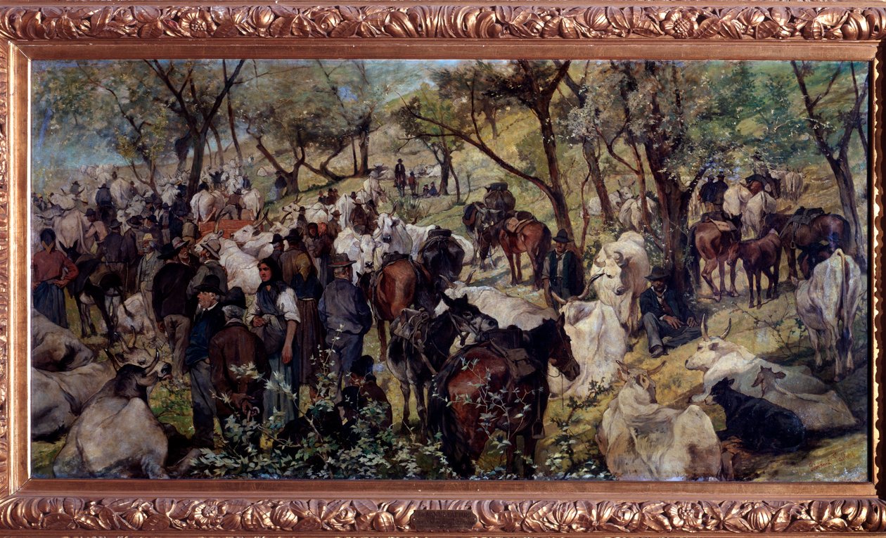 O mercado em San Godenzo, Toscana (óleo sobre tela de Giuseppe Fattori
