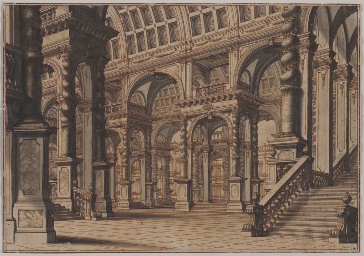 Salão abobadado monumental com escadaria, segundo quartel do século XVIII. de Giuseppe Galli Bibiena