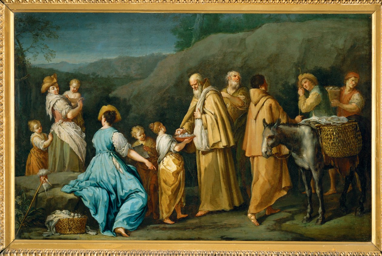 Religieux queteurs a qui une jeune fille donne des oefs - Frades mendicantes a quem uma menina oferece ovos ... de Giuseppe Gambarini
