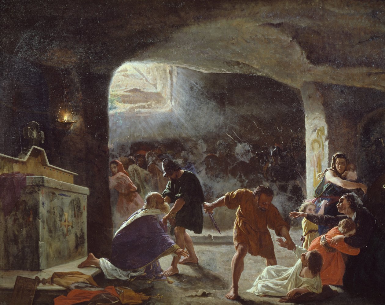 Os primeiros cristãos mortos em catacumbas, pintura de Giuseppe Mancinelli (1813-1875) de Giuseppe Mancinelli