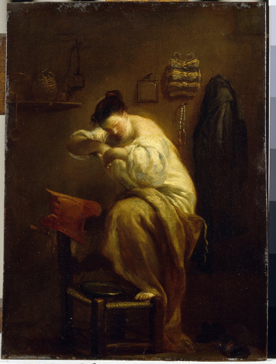 Mulher à procura de pulgas. (Mulher procurando por pulgas). Pintura de Giuseppe Maria Crespi (1665-1747), óleo sobre tela, por volta de 1710. Arte italiana (Bolonha) de Giuseppe Maria Crespi