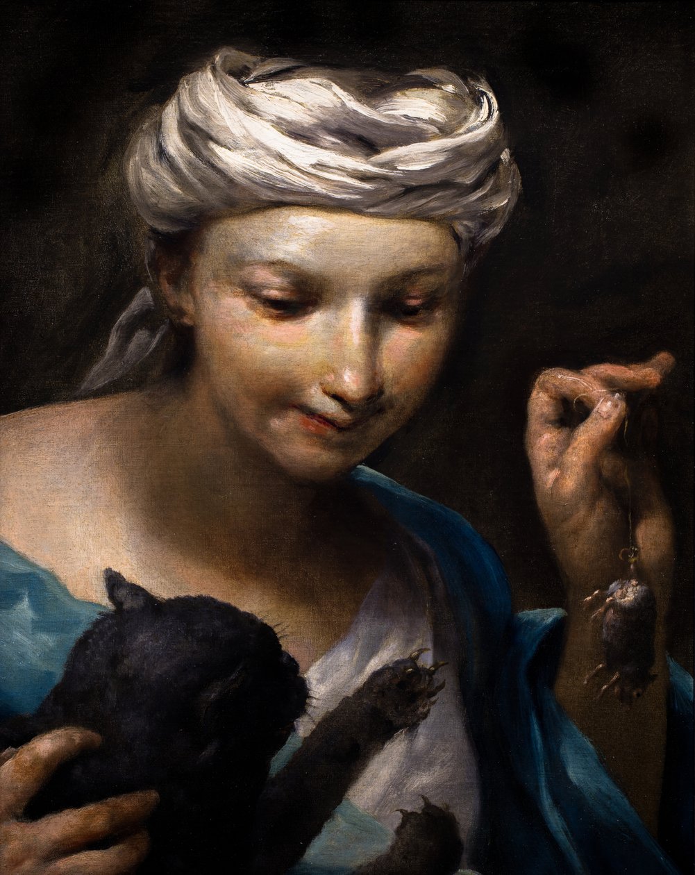 Menina a brincar com um gato e um rato morto (pormenor) de Giuseppe Maria (1665 1747) Crespi