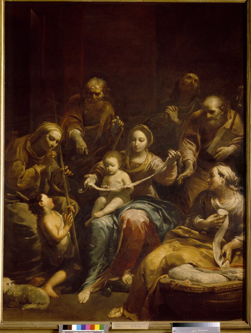 A Sagrada Família. A Virgem e a criança Cristo estão no centro do quadro, rodeados por José, Santa Isabel e São João Baptista, criança. Pintura de Giuseppe Maria Crespi, conhecida como Lo Spagnolo (1665-1747), óleo sobre tela, ca. 17 de Giuseppe Maria Crespi
