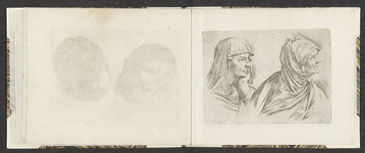 Dois bustos de mulheres idosas viradas para a direita
Exemplos de desenho (título da série)
Mitelli intaglio (título da série) de Giuseppe Maria Mitelli