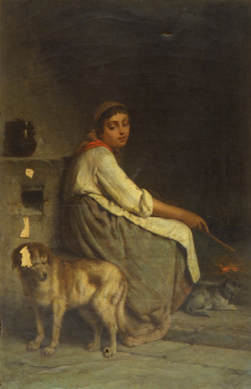 Mulher com cão e gato à lareira de Giuseppe Mazza
