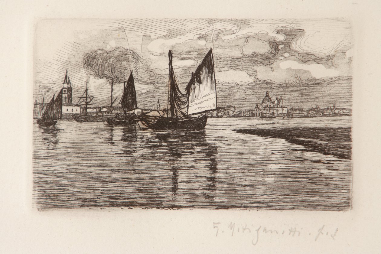 Barcos na Lagoa (gravura em papel branco) de Giuseppe Miti Zanetti