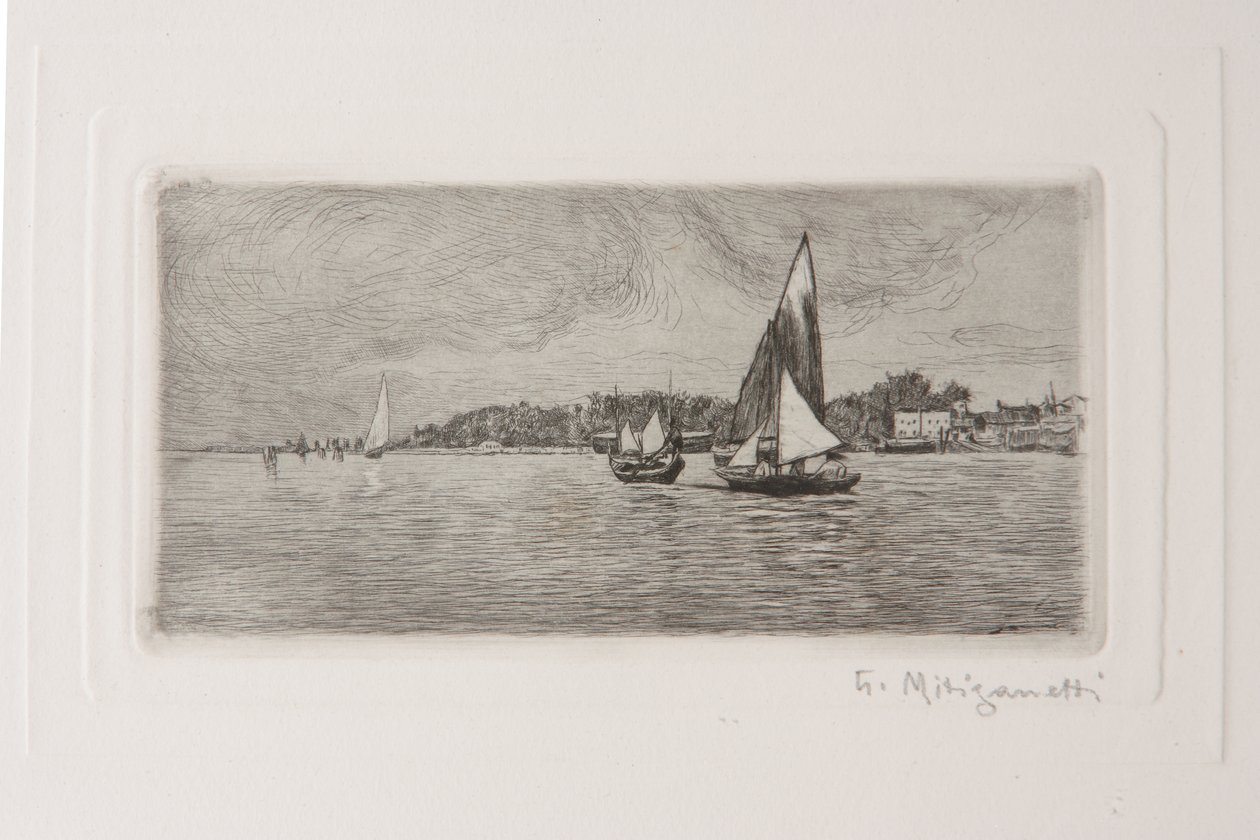 Barcos na Lagoa (gravura em papel branco) de Giuseppe Miti Zanetti