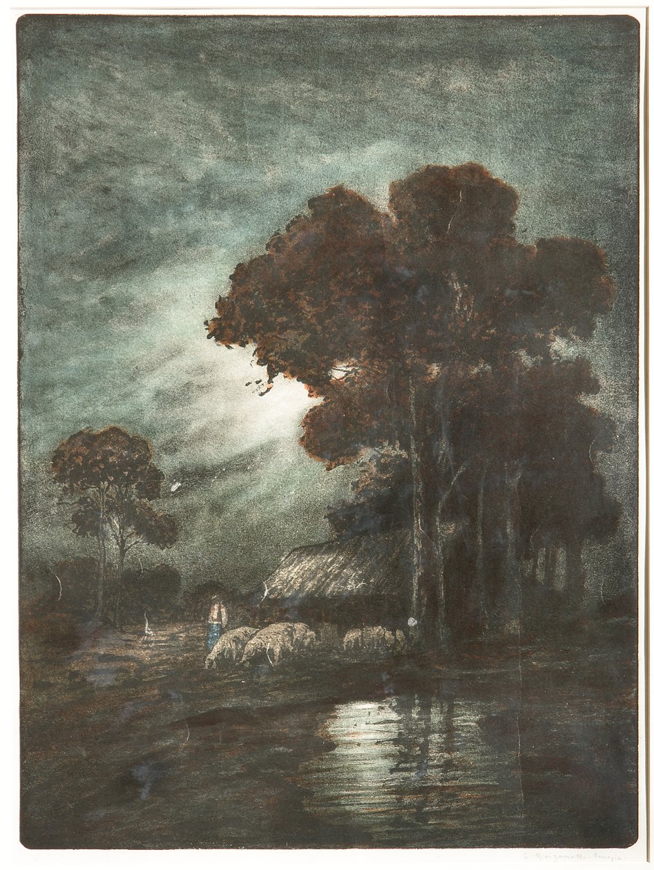 Gravura de paisagem e rebanho, cm 54,4 x 39. de Giuseppe Miti Zanetti