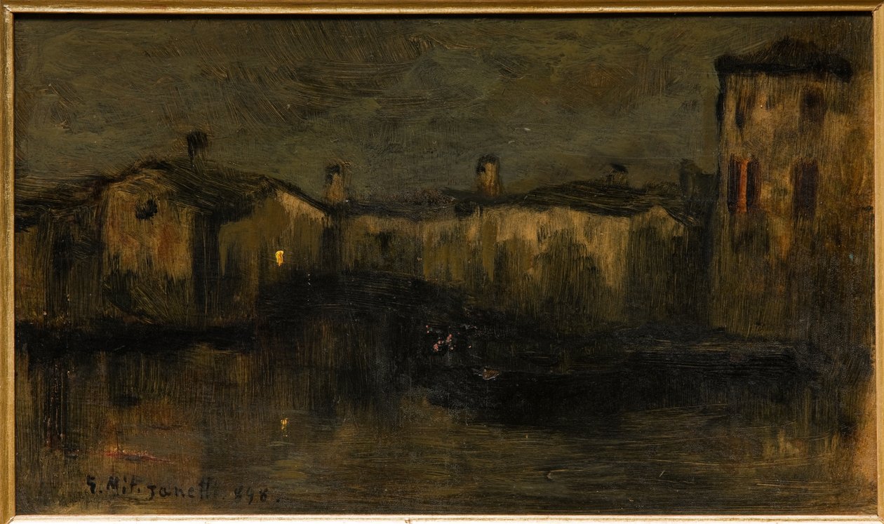 Paisagem com casas (óleo sobre papelão) de Giuseppe Miti Zanetti