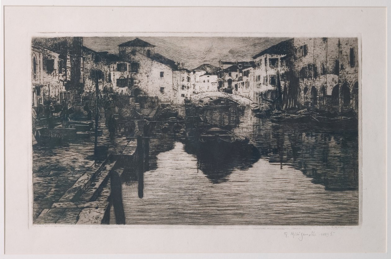 O Canal do Mercado de Peixes em Chioggia (gravura em papel branco) de Giuseppe Miti Zanetti