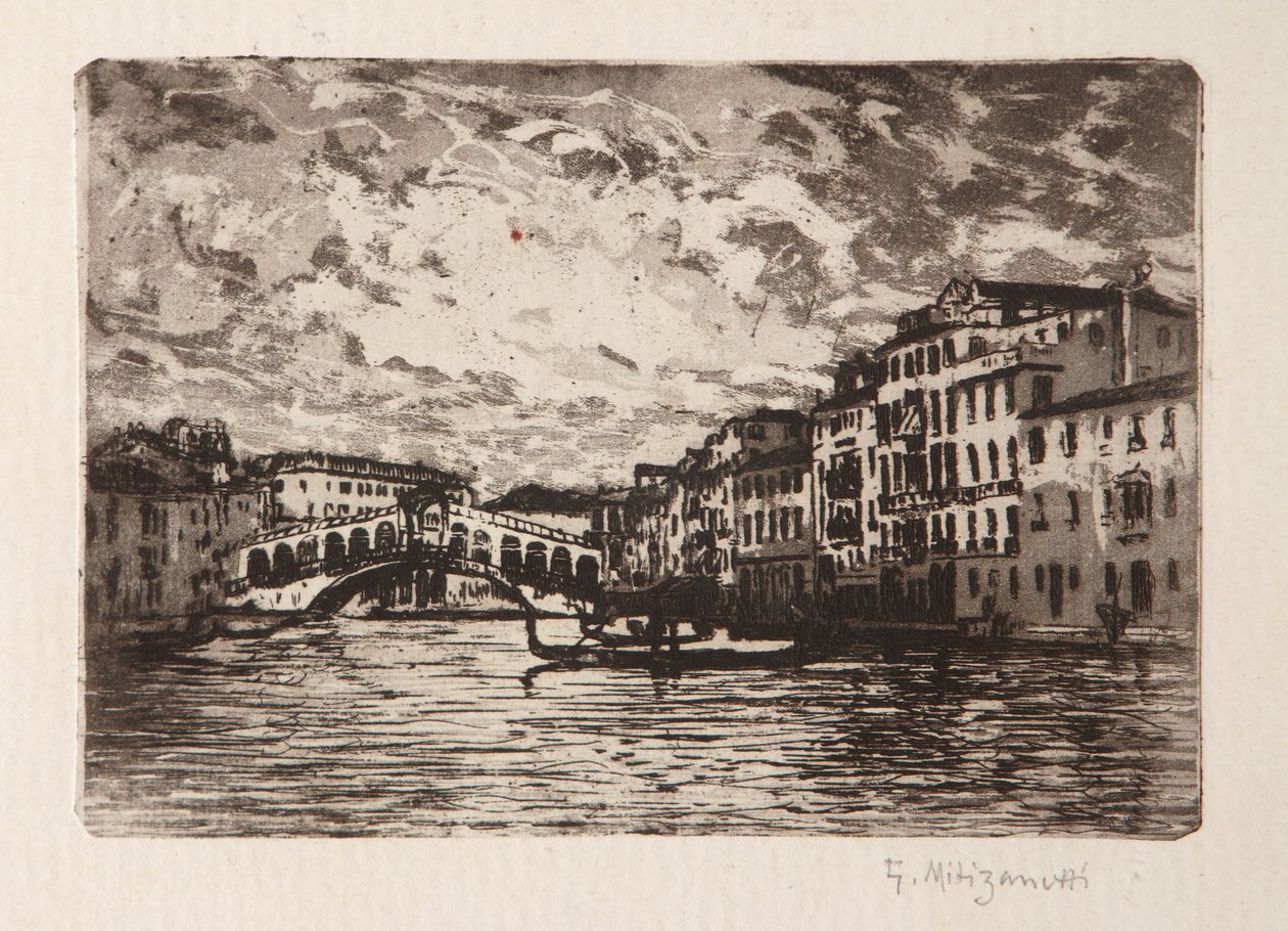 A Ponte Rialto em Veneza (gravura e aquatint em papel branco) de Giuseppe Miti Zanetti
