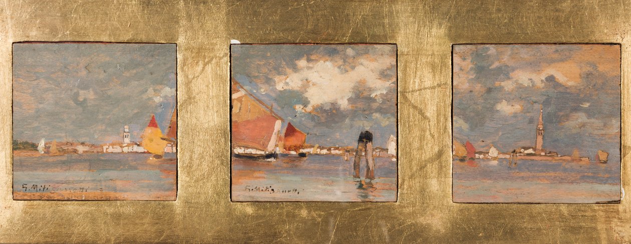 Tryptique com lagoa (óleo sobre contraplacado) de Giuseppe Miti Zanetti
