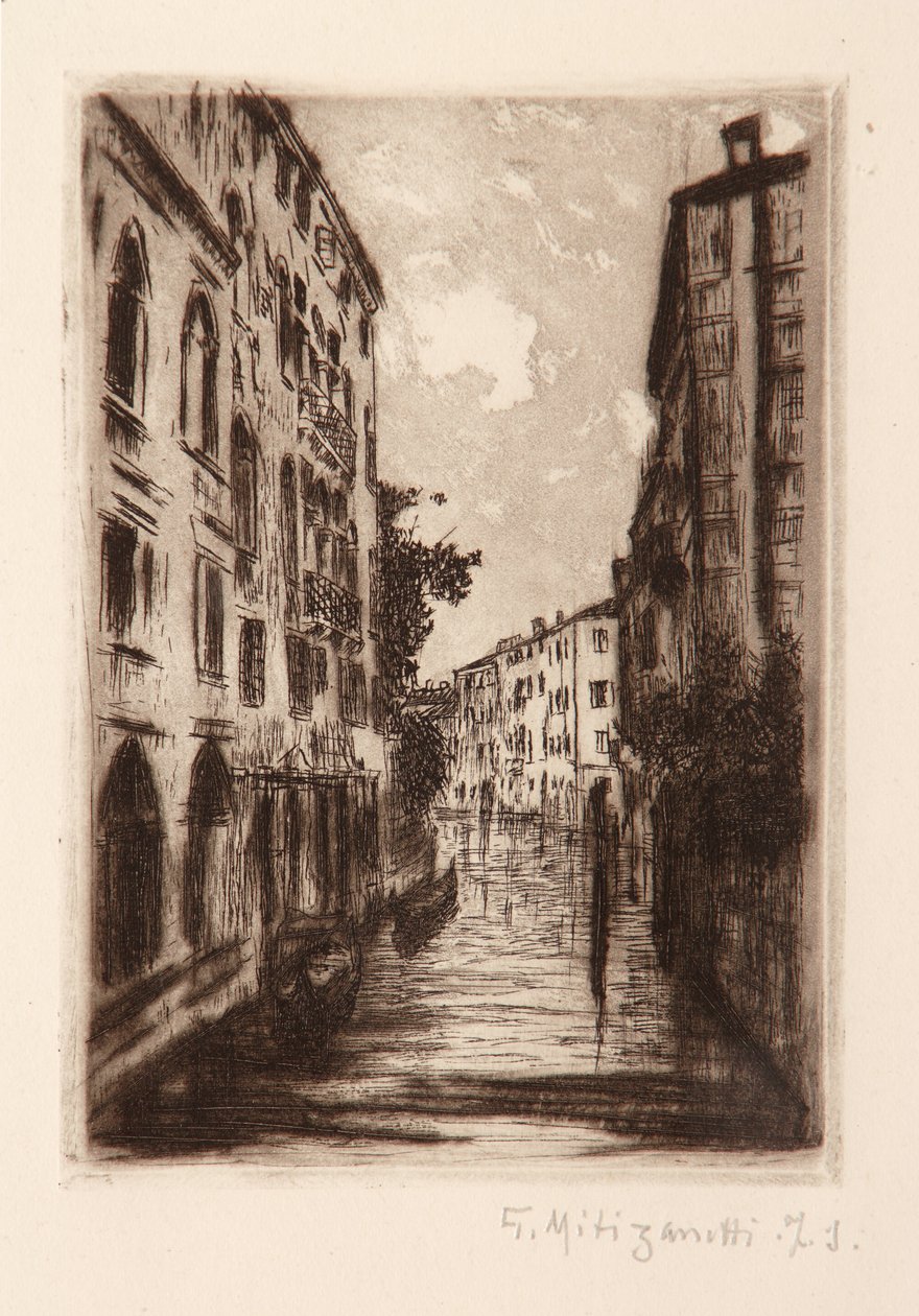 Canal veneziano (gravura em papel branco) de Giuseppe Miti Zanetti