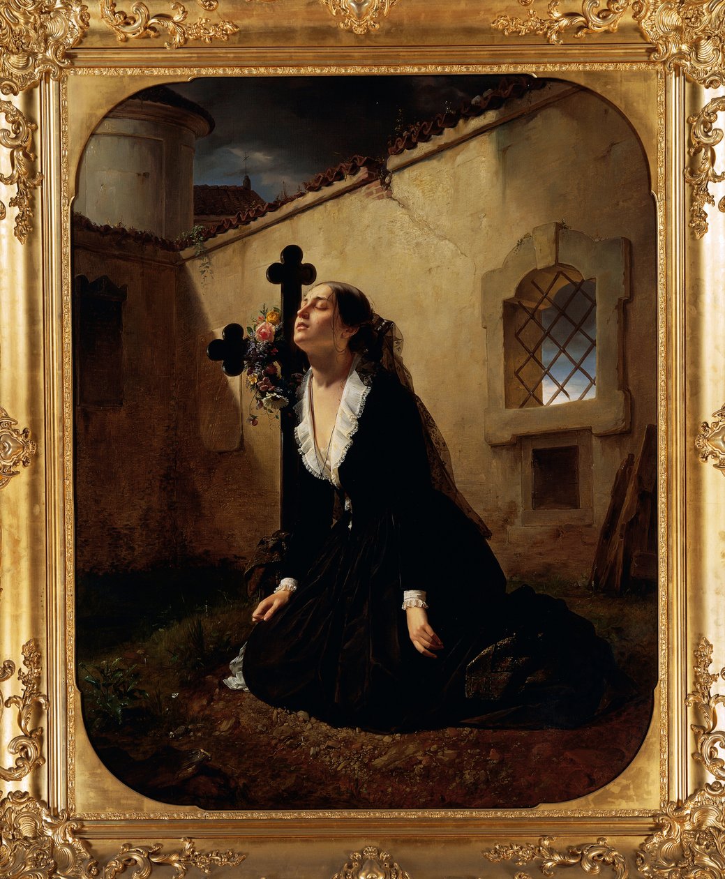 Lamentando a perda de um ente querido ou esposa do Coronel Manara no túmulo do marido, por Giuseppe Molteni (1800-1867), óleo sobre tela de Giuseppe Molteni