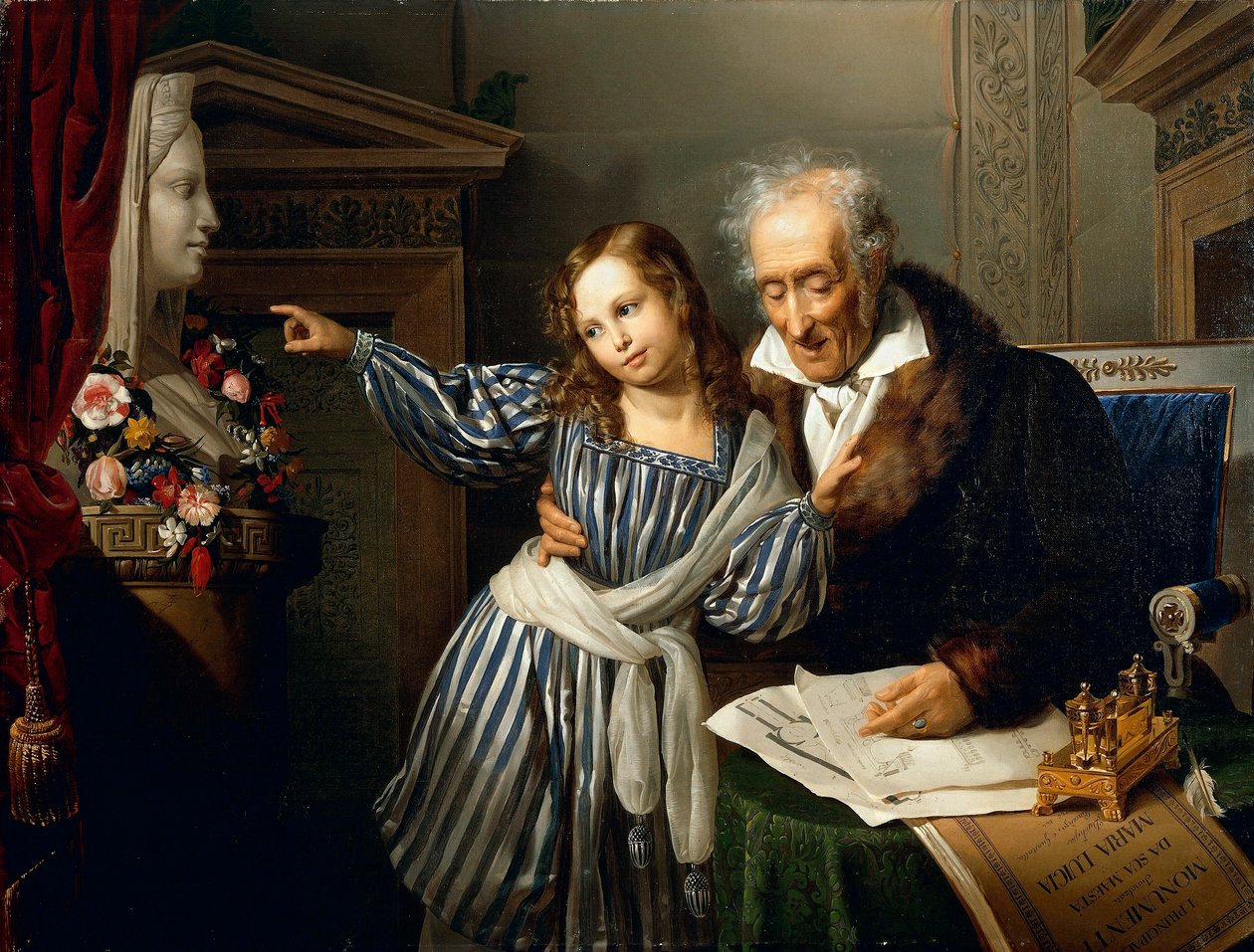 O velho apontando o Herm de Maria Luigia para sua neta, de Giuseppe Molteni, Circa 1830, óleo sobre tela de Giuseppe Molteni