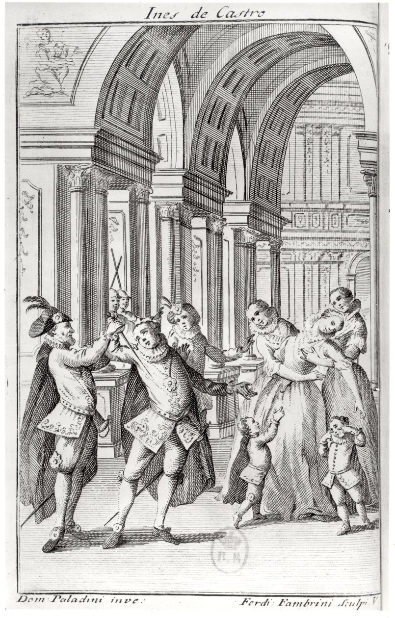 Ilustração do frontispício de &39;Ines de Castro&39; de Antoine Houdar de La Motte (1672-1731) gravada por Ferdinando Fambrini de Giuseppe Paladini