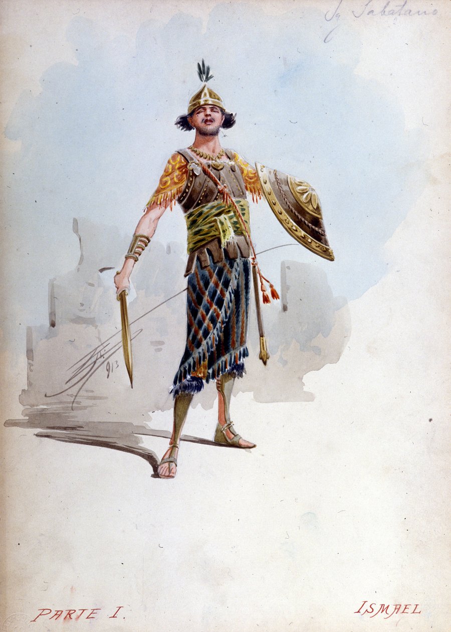 Traje de Ismael, sobrinho do rei de Jerusalém por Giuseppe Palanti (1881-1946) na ópera de Giuseppe Verdi (1813 - 1901), Nabucco primeiro chamado Nabucodonosor. Musée de la Scala de Giuseppe Palanti