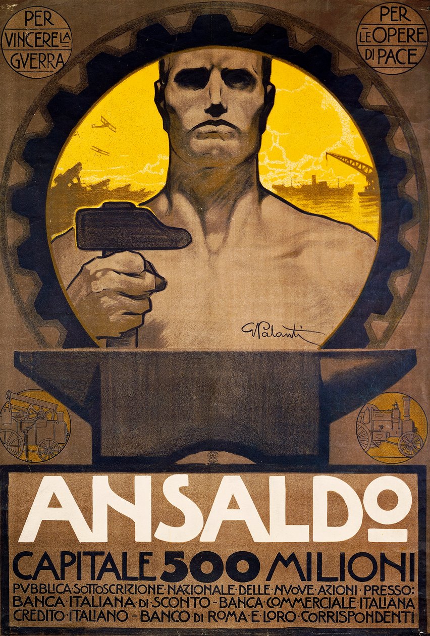 Trabalhador com martelo e bigorna, cartaz de Ansaldo de Génova para a subscrição de novas acções de Giuseppe Palanti