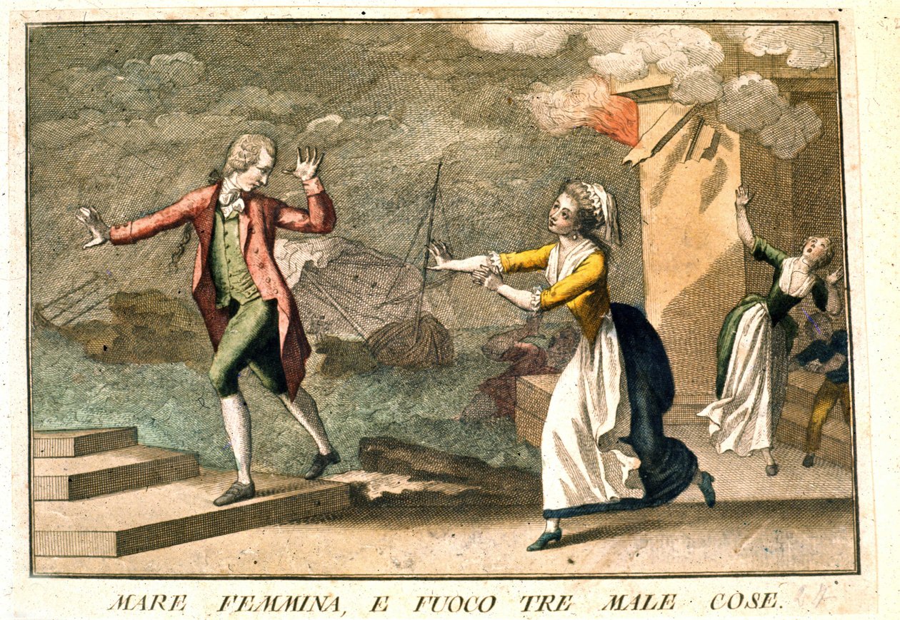 O ditado: "O mar, as mulheres e o fogo: os três males". A gravura do século XVIII ilustrando uma série de provérbios. Giuseppe Piattoli (1740/50-1818). de Giuseppe Piattoli