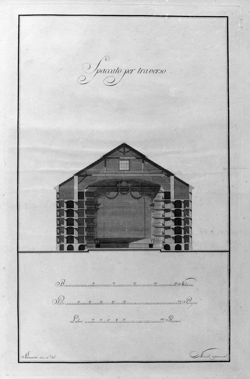 Taça Arquitetônica do Teatro La Scala de Giuseppe Piermarini (1734-1808) por volta de 1776-1778 Milão, Itália (Arquitetura cutaway desenho de teatro alla Scala de Piermarini, Milão, Itália) Gravura de Giuseppe Piermarini