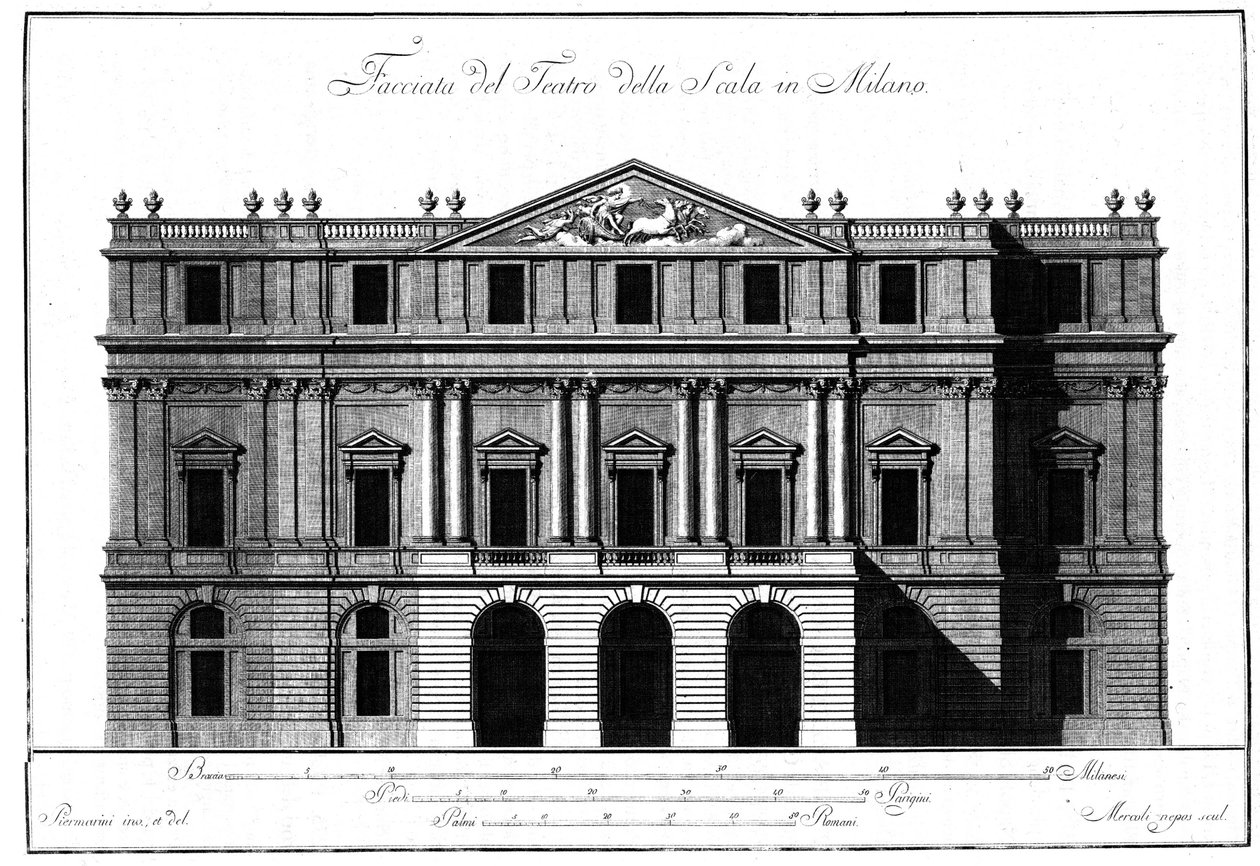 Desenho da arquitetura exterior da fachada do Teatro alla Scala de Milão realizado por Giuseppe Piermarini (1734-1808). de Giuseppe Piermarini