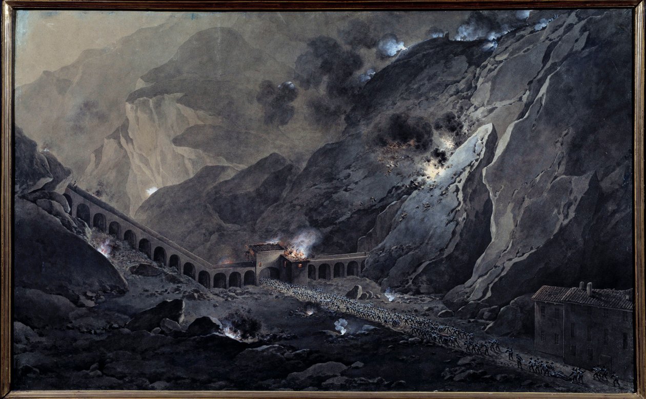 Primeira Campanha Italiana (1796-1797): "Passagem da artilharia francesa, à noite, sob o Forte do Bardo, ocupado pelos austríacos em 21 de Maio de 1800" Watercolour gouachee de Giuseppe Pietro Bagetti (1764-1831) Sun. 1,04x0,74 m Versailles, Musee du Chate de Giuseppe Pietro Bagetti