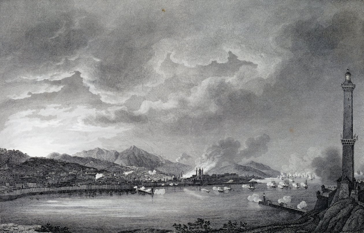 Génova sendo bombardeada pela frota inglesa, 25 de Maio de 1800, gravura em aço de desenho de Giuseppe Pietro Bagetti (1764-1831), Paris de Giuseppe Pietro Bagetti