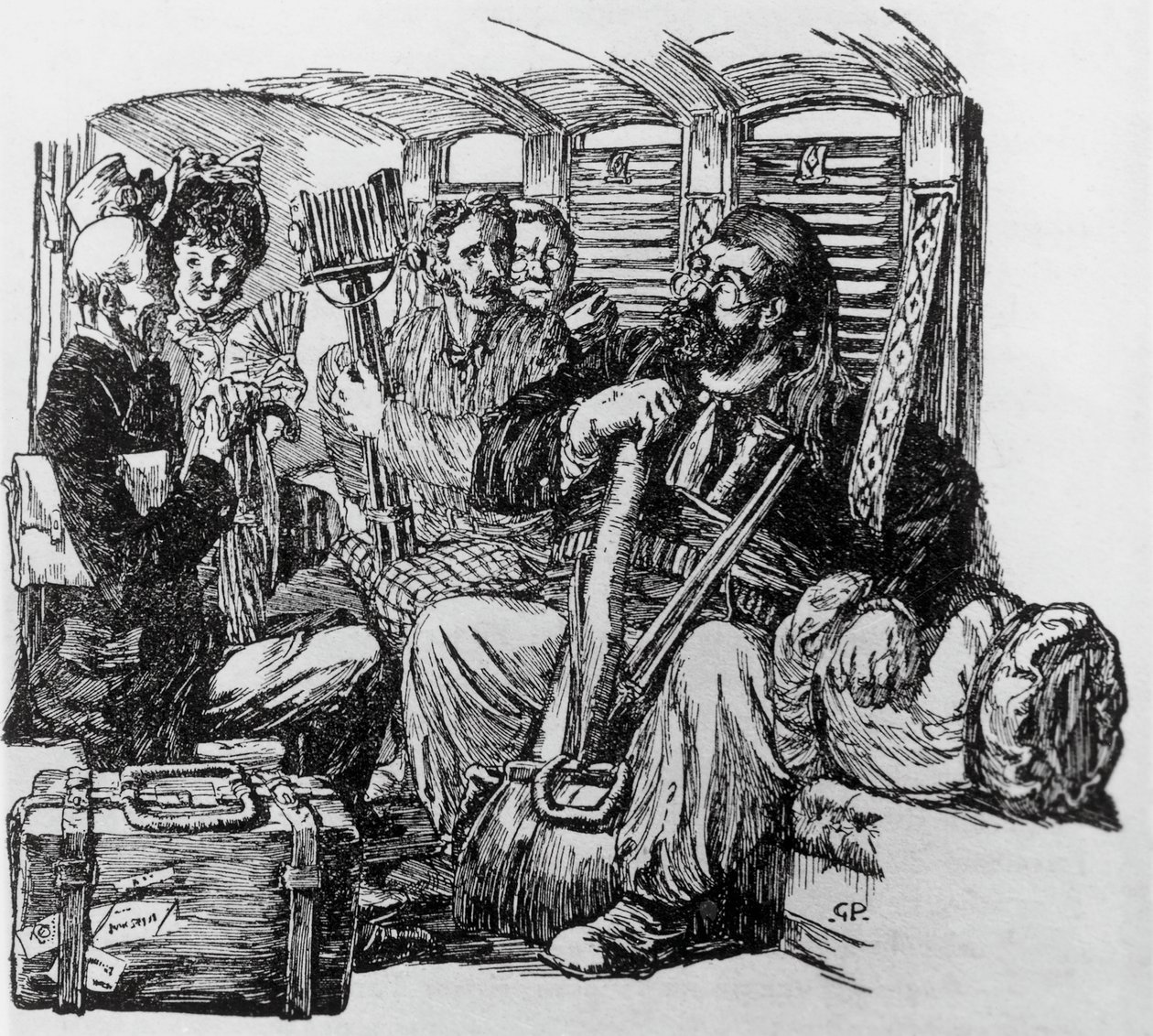 Tartarin numa carruagem para Tartarin nos Alpes por Alphonse Daudet, Milão de Giuseppe Porcheddu