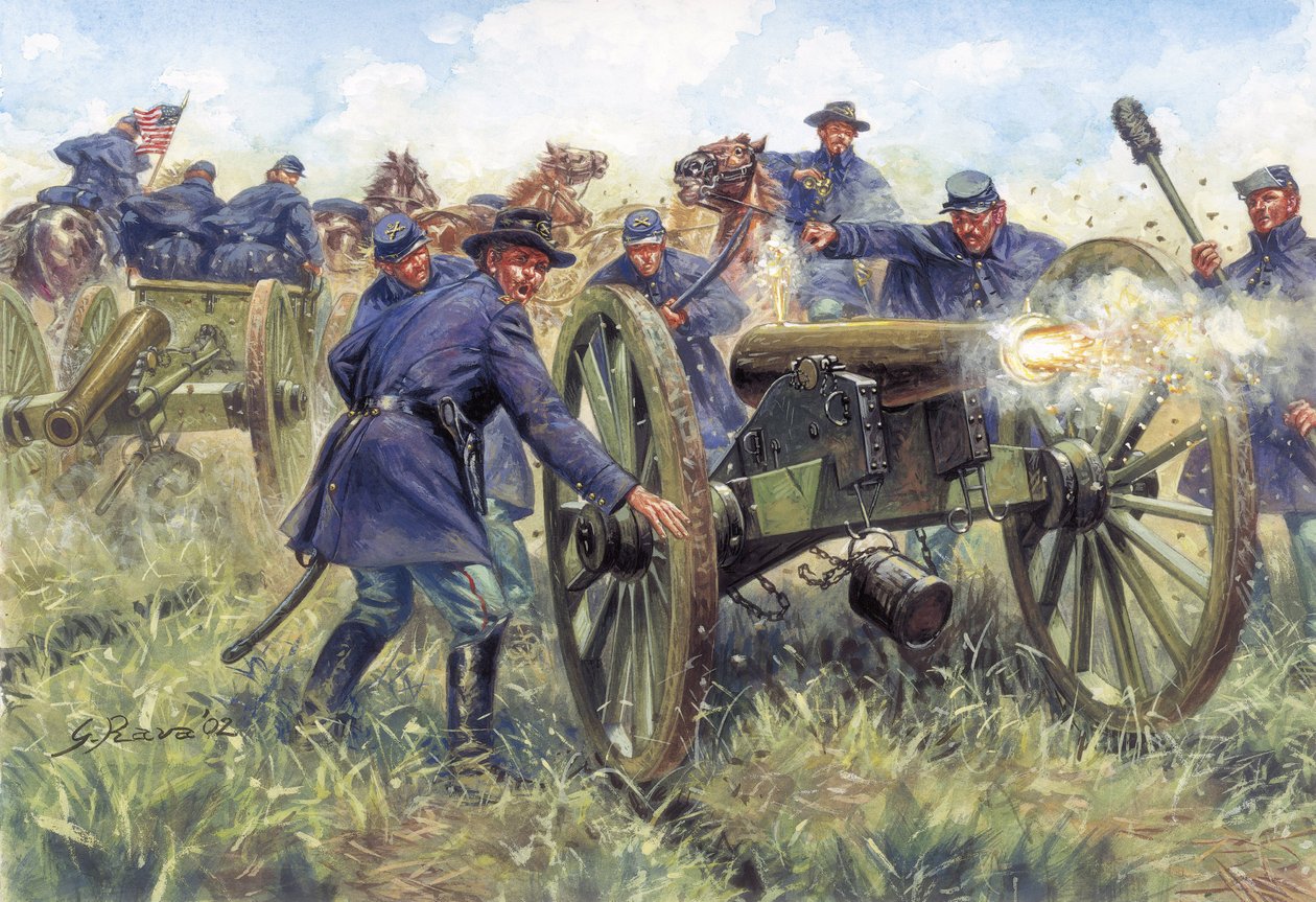 Guerra Civil Americana: Soldados do Norte (União) usando uma arma durante uma batalha - Ilustração de Giuseppe Rava de Giuseppe Rava
