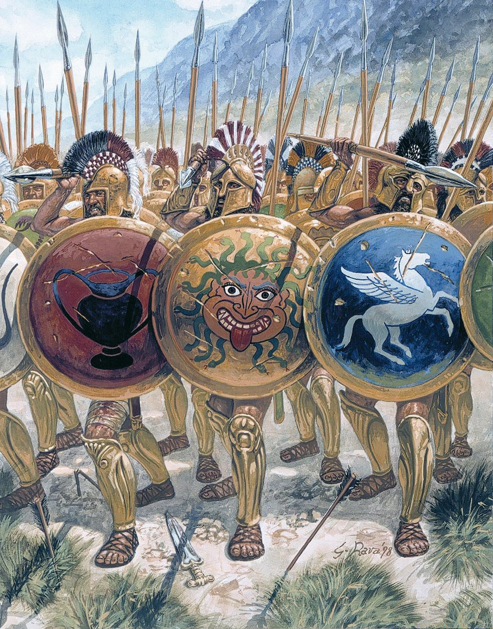 Grécia Antiga: o avanço dos hoplitas - Grécia Antiga: hoplitas gregos - Ilustração de Giuseppe Rava de Giuseppe Rava