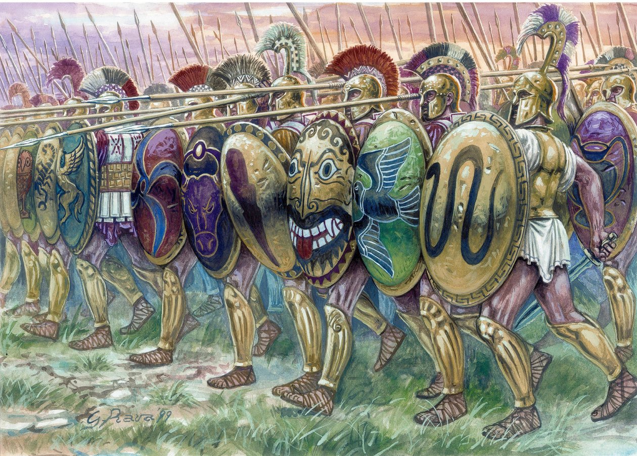 Grécia Antiga: a carga dos hoplitas, infantaria com armas pesadas - a carga dos hoplitas, infantaria grega - Ilustração de Giuseppe Rava de Giuseppe Rava