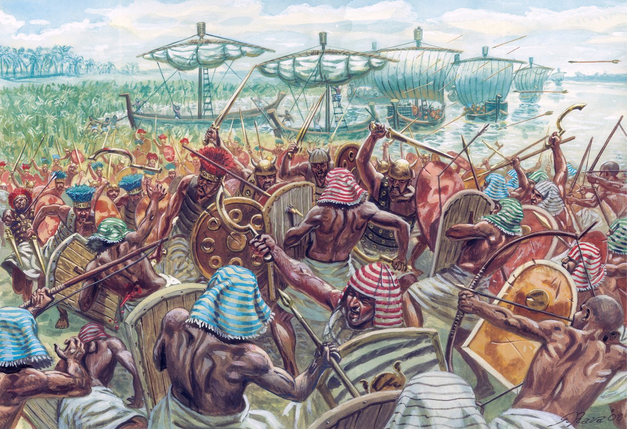 Egipto antigo: a Batalha do Delta foi uma batalha marítima entre o Egipto e os Povos do Mar, cerca de 1175 a.C., quando o faraó egípcio Ramsés III repeliu uma grande invasão marítima - Ilustração de Giuseppe Rava de Giuseppe Rava