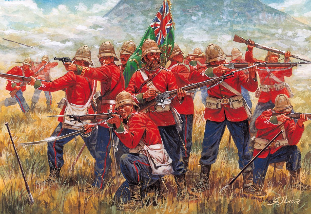 Guerra Anglo-Zulu: soldados do Império Britânico na Batalha de Isandhlwana (Isandlwana ou Isandula) na África do Sul, 22/01/1879 - Guerra Anglo-Zulu: soldados do Império Britânico, Batalha de Isandlwana em 22 de janeiro de 1879 - Ilustração de Giuseppe Rav de Giuseppe Rava