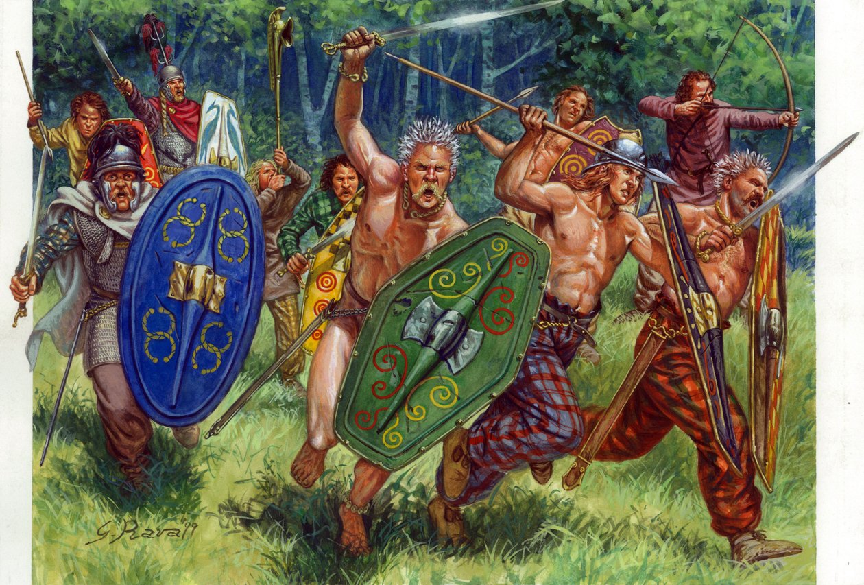 Antiguidade: a carga dos guerreiros gauleses, à esquerda num ponto - Guerreiros gauleses em carga, um deles à esquerda usa uma cota de malha - Ilustração de Giuseppe Rava de Giuseppe Rava