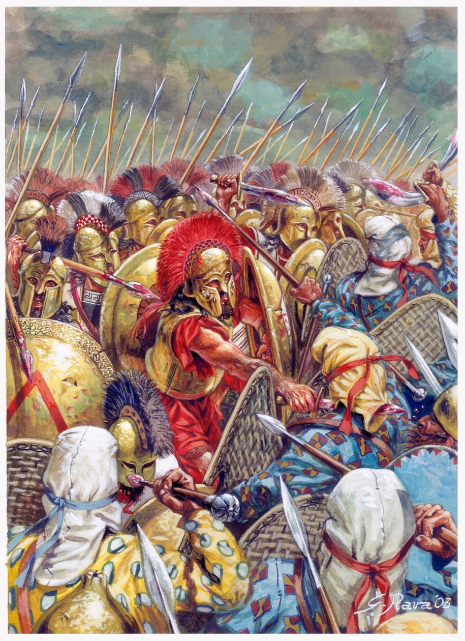 Batalha das Termópilas: O exército espartano comandado por Leónidas I lutando ao lado dos gregos contra os persas em 480 a.C. (Guerras Persas/Batalha das Termópilas 480 a.C. - (O rei espartano Leónidas e os seus homens caem na batalha) - Ilustração de Gius de Giuseppe Rava