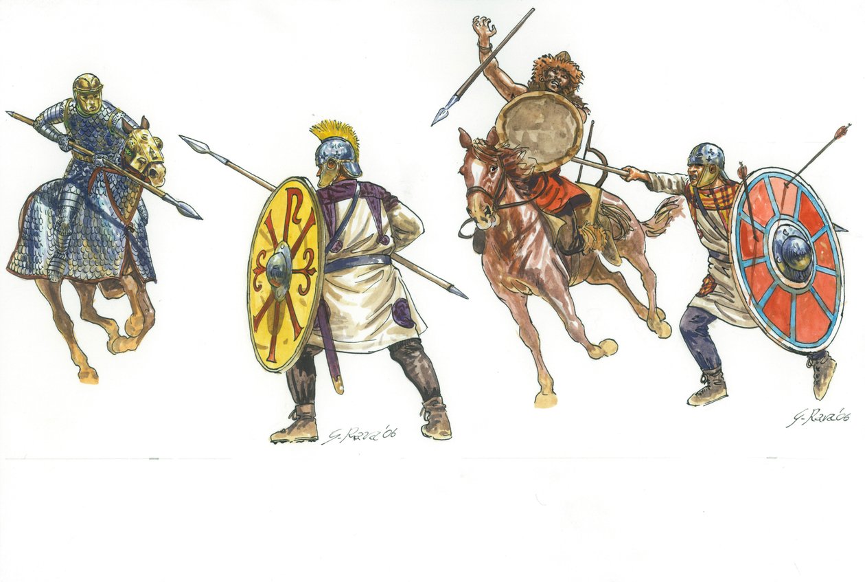 Catáfracto em luta com um legionário e legionário em luta com um guerreiro huno de Giuseppe Rava