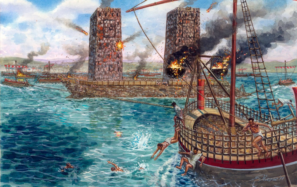 Conquete do Império Persa: o cerco de Tiro pelo rei Alexandre Magno (356-323 a.C.) em 332 a.C. - O cerco de Tiro por Alexandre Magno em 332 a.C. durante as suas campanhas contra os persas - Ilustração de Giuseppe Rava de Giuseppe Rava