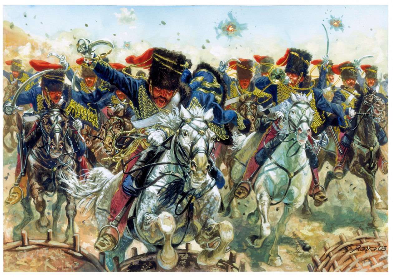 Guerra da Crimeia: a Batalha de Balaclava em 25/10/1854, a carga da cavalaria inglesa - Guerra da Crimeia: a carga da cavalaria britânica durante a Batalha de Balaclava travada em 25 de outubro de 1854 - Ilustração de Giuseppe Rava de Giuseppe Rava