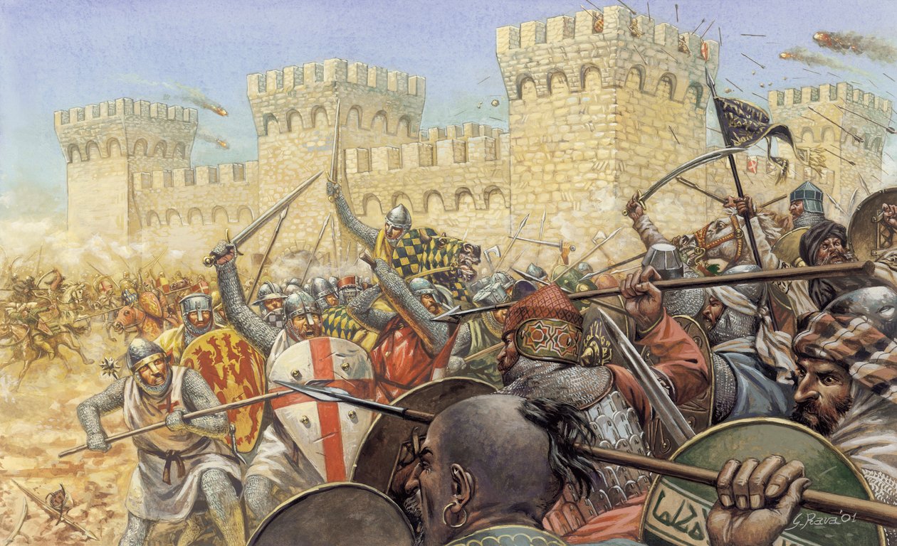 Cruzada: luta entre cruzados e sarracenos perto de uma fortaleza - de Giuseppe Rava