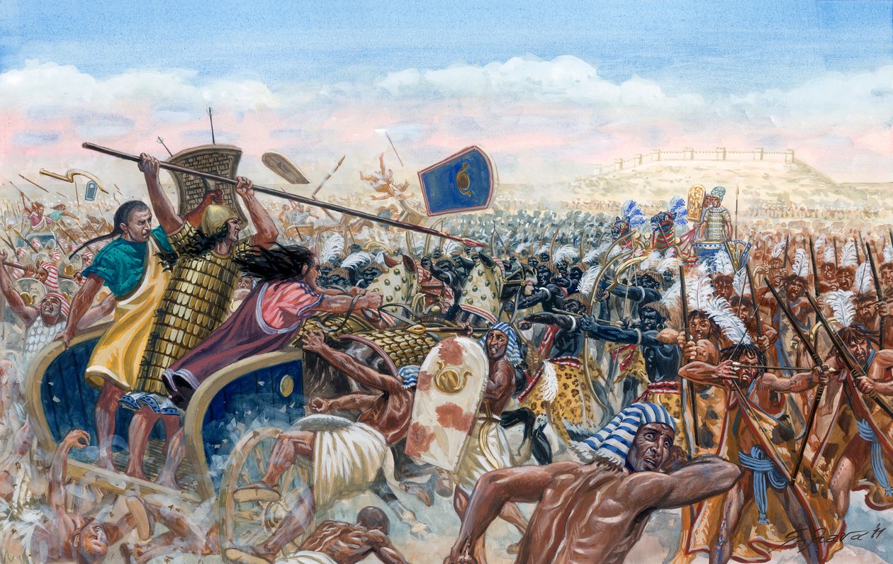 Antiguidade egípcia: a carga dos tanques hititas de Mupatalli contra o exército egípcio de Ramsés II durante a batalha de Qadesh em 1274 a.C. - exército do Império Hitita sob o comando de Mutalli II em carga contra o exército do Faraó Ramsés II (1303 a.C.- de Giuseppe Rava