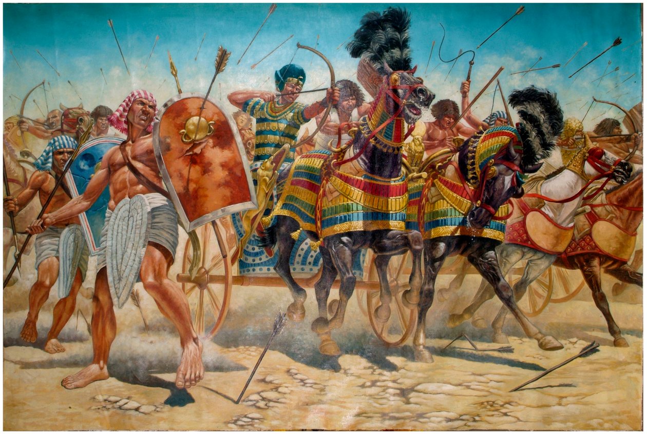 Antiguidade egípcia: representação do Faraó Ramsés II (1304-1213 a.C.) com o seu exército guiando tanques durante a Batalha de Qadesh em 1274 a.C. - Faraó Ramsés II (1303 a.C. ð 1213 a.C.) e o seu exército durante a Batalha de Kadesh em 1274 a.C. no antigo de Giuseppe Rava
