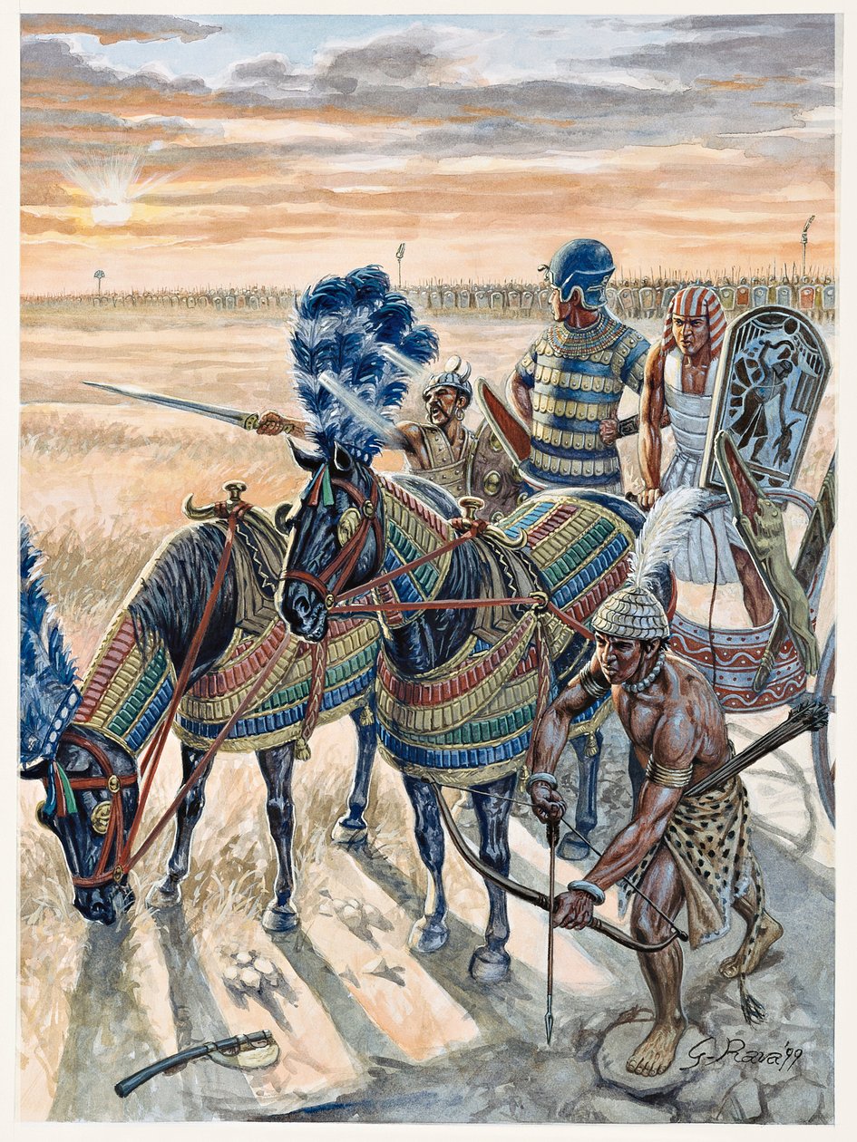 Antiguidade egípcia: representação do Faraó Ramsés II (1304-1213 a.C.) com o seu exército - Faraó Ramsés II (1303 a.C.-1213 a.C.) e o seu exército no Egipto antigo - Ilustração de Giuseppe Rava de Giuseppe Rava