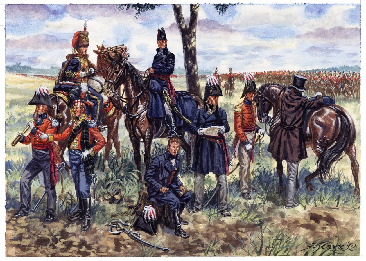 Primeiro Império: Estado-Maior do Duque de Wellington na batalha de Waterloo, a 18 de junho de 1815 - Ilustração de Giuseppe Rava de Giuseppe Rava