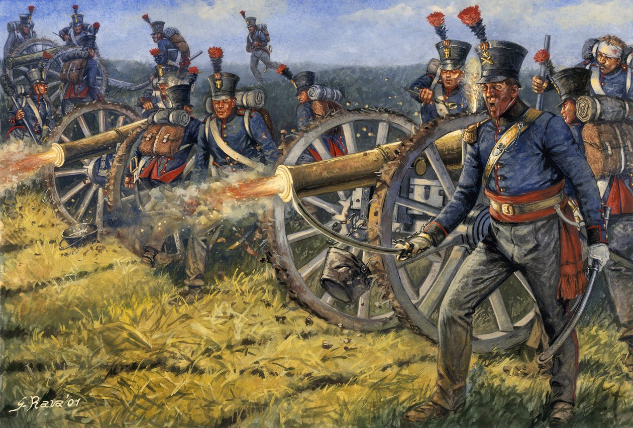 Primeiro Império: Soldados da artilharia belga e holandesa disparando tiros de canhão na batalha de Waterloo 18/06/1815 - Primeiro Império: soldados da artilharia belga e holandesa disparando com canhão durante a batalha de Waterloo em 18 de junho de 1815  de Giuseppe Rava