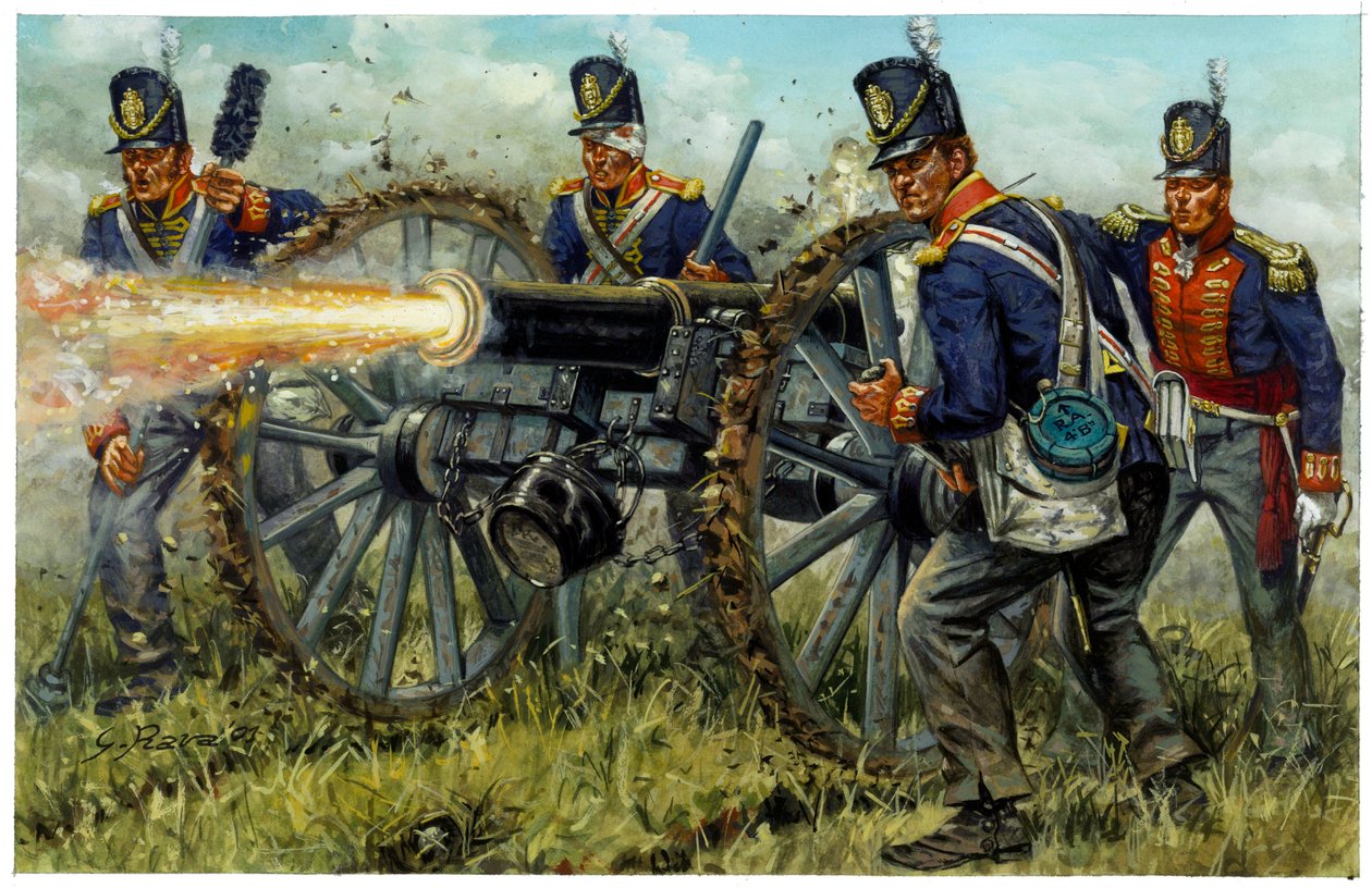 Primeiro Império: a Artilharia Real a Pé durante a Batalha de Waterloo, em 18 de junho de 1815 - Ilustração de Giuseppe Rava de Giuseppe Rava