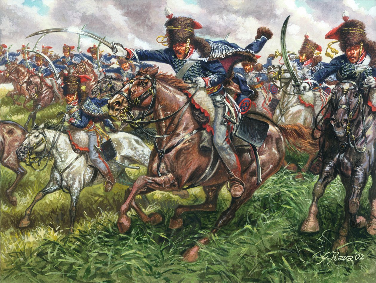 Primeiro Império: a investida do 15º regimento de dragões ingleses na Batalha de Waterloo em 18/06/1815 - Primeiro Império: investida do 15º regimento de dragões ingleses em Waterloo em 18 de junho de 1815 - Ilustração de Giuseppe Rava de Giuseppe Rava