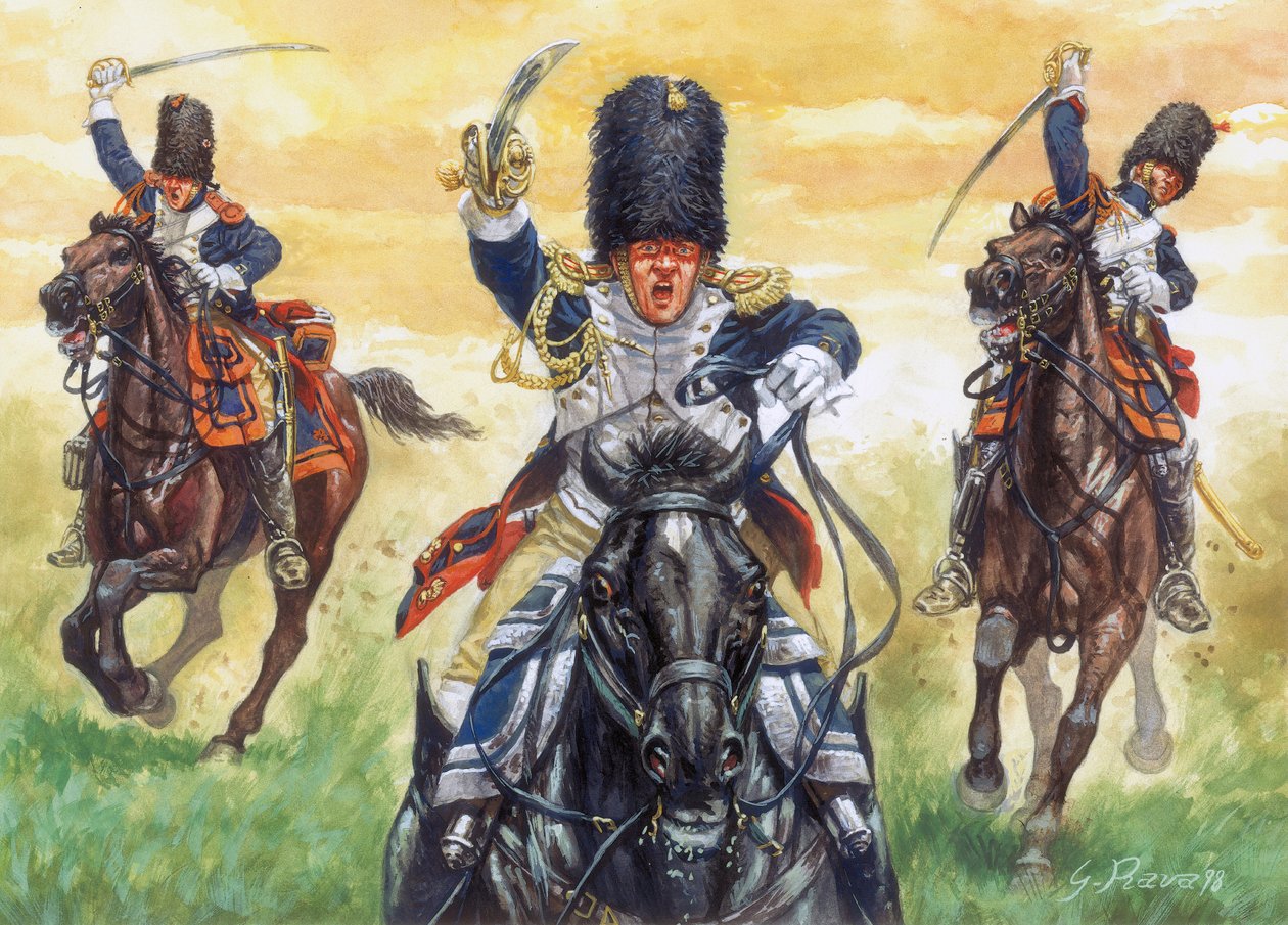 Primeiro Império: a carga dos granadeiros a cavalo da Guarda Imperial de Napoleão I na Batalha de Eylau 8/02/1807 - Guerra da Quarta Coligação: Batalha de Eylau (ou Batalha de Preussisch-Eylau), 7 e 8 de fevereiro de 1807, carga da Guarda Gr de Giuseppe Rava